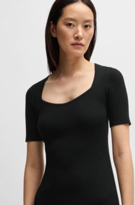 Slim-fit dress in ribbed stretch fabric, Black