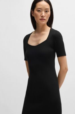 Slim-fit dress in ribbed stretch fabric, Black