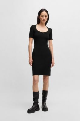 Slim-fit dress in ribbed stretch fabric, Black