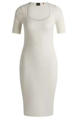 Hugo Boss Slim-fit Dress In Ribbed Stretch Fabric In White