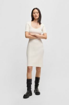 Slim-fit dress in ribbed stretch fabric, White