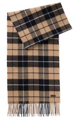Hugo Boss Wool Scarf With Check And Twisted Fringes In Beige