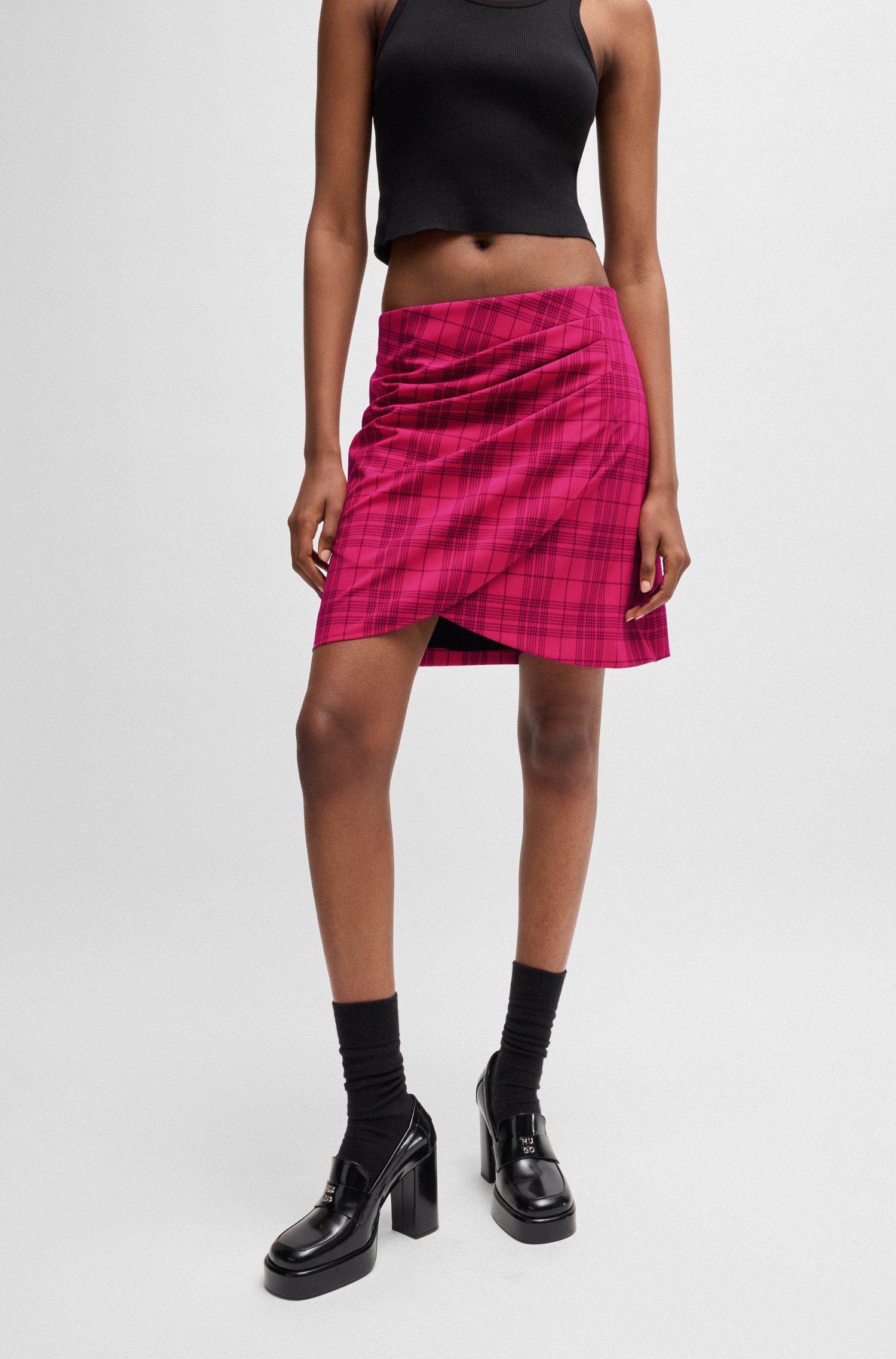 Wrap-front mini skirt checked stretch material