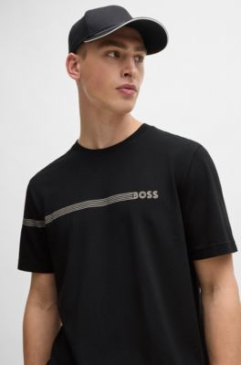 Camiseta de algod&oacute;n con rayas y logo, Negro