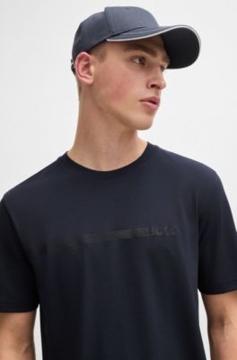 Camiseta de algod&oacute;n con rayas y logo, Azul oscuro