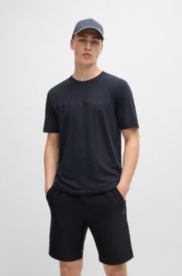 Camiseta de algod&oacute;n con rayas y logo, Azul oscuro