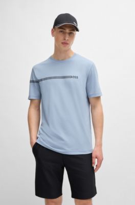 Camiseta de algod&oacute;n con rayas y logo, Celeste
