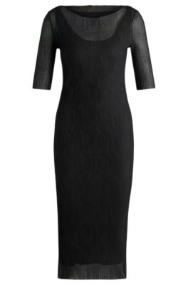 Shop Hugo Boss Cropped-sleeve Dress In Pliss Tulle In Black