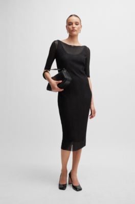 Robe en tulle pliss&eacute; &agrave; manches courtes, Noir