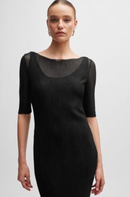 Robe en tulle pliss&eacute; &agrave; manches courtes, Noir