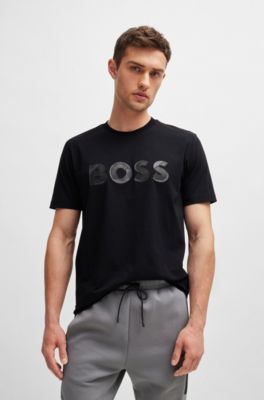 Stretch-cotton short-sleeved T-shirt with logo artwork, Black