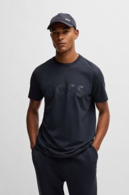 Stretch-cotton short-sleeved T-shirt with logo artwork, Dark Blue