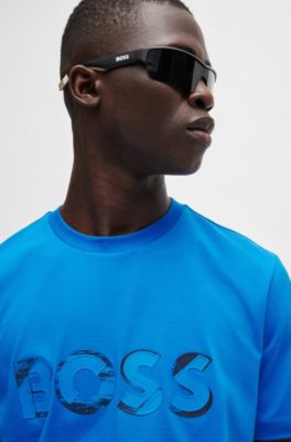 Stretch-cotton short-sleeved T-shirt with logo artwork, Light Blue