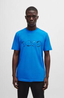 Stretch-cotton short-sleeved T-shirt with logo artwork, Light Blue