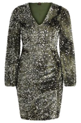 Hugo Boss Long-sleeved Velour Dress With Gathered Details In Dark Green