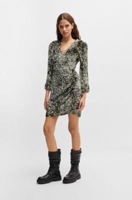 Long-sleeved velour dress with gathered details, Dark Green