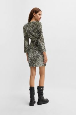 Long-sleeved velour dress with gathered details, Dark Green