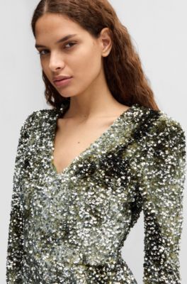 Long-sleeved velour dress with gathered details, Dark Green