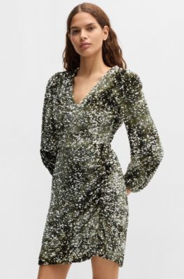 Long-sleeved velour dress with gathered details, Dark Green
