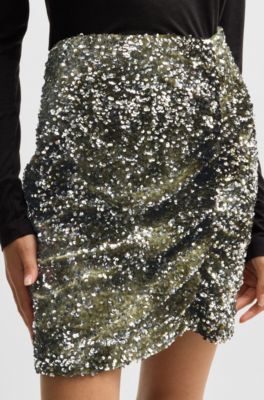 Jupe courte Slim en velours &agrave; d&eacute;tails fronc&eacute;s, Vert sombre