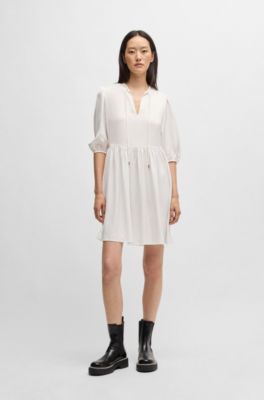 Vestido de raso abatanado con lazo en el cuello, Blanco