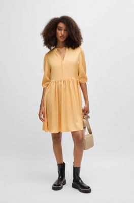 Hammered-satin dress with tie neckline, Light Orange