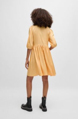 Hammered-satin dress with tie neckline, Light Orange