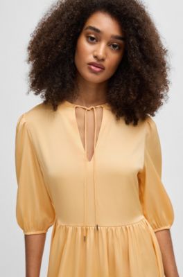 Hammered-satin dress with tie neckline, Light Orange