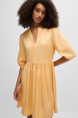Hammered-satin dress with tie neckline, Light Orange