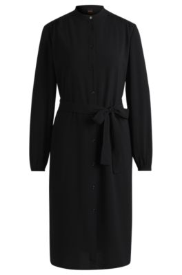 Hugo Boss Belted Shirt Dress In Crepe Georgette With Stand Collar In Black