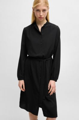 Vestido camisero de crep&eacute; georgette con cuello mao y cintur&oacute;n, Negro