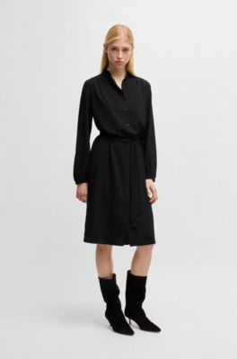 BOSS - Belted shirt dress in crepe Georgette with stand collar - Black