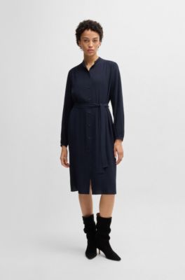 Belted shirt dress crepe Georgette with stand collar
