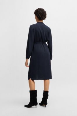 BOSS - Belted shirt dress in crepe Georgette with stand collar