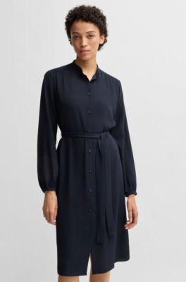 BOSS - Belted shirt dress in crepe Georgette with stand collar