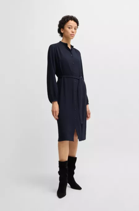 Belted shirt dress in crepe Georgette with stand collar