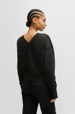 Sudadera de felpa de algod&oacute;n con adornos y ribetes de canal&eacute;, Negro