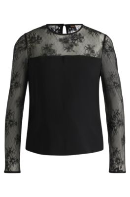 Hugo Boss Regular-fit Collarless Blouse With Lace Trim In Black