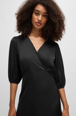 Wrap-front dress in hammered satin, Black