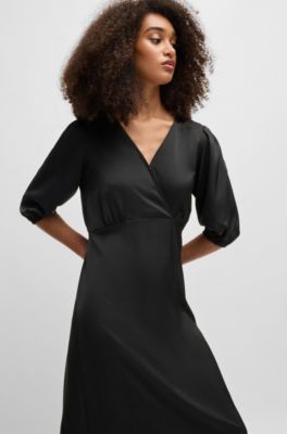 Wrap-front dress in hammered satin, Black