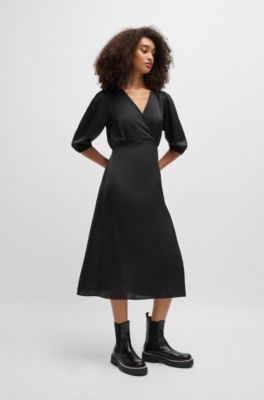 Wrap-front dress in hammered satin, Black
