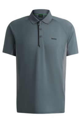 Hugo Boss Mixed-material Polo Shirt With Decorative Reflective Logo In Khaki