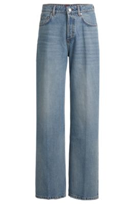 Hugo Boss Wide-leg Jeans In Mid-blue Rigid Denim In Turquoise