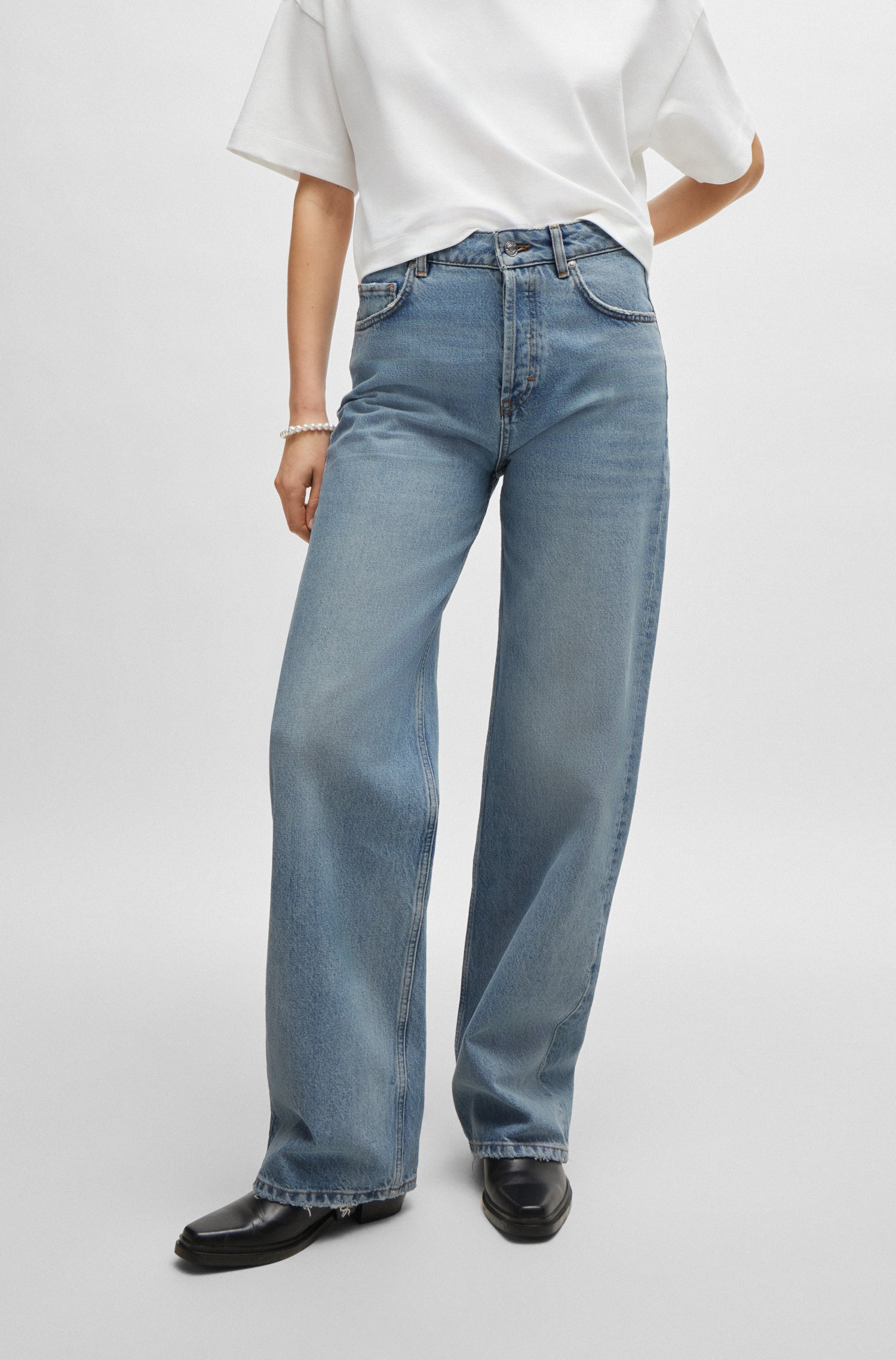 Wide-leg jeans mid-blue rigid denim