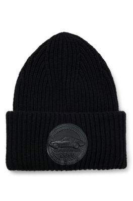 Hugo Boss Porsche X Boss Chunky-rib Beanie Hat With Special Branding In Black
