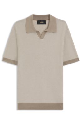 Johnny-collar sweater in silk and cotton, Khaki