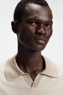 Johnny-collar sweater in silk and cotton, Khaki