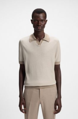 Johnny-collar sweater in silk and cotton, Khaki