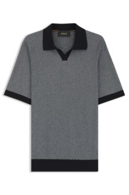 Jersey regular fit de algod&oacute;n y seda con cuello abierto, Azul oscuro