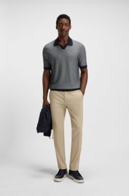 Jersey regular fit de algod&oacute;n y seda con cuello abierto, Azul oscuro